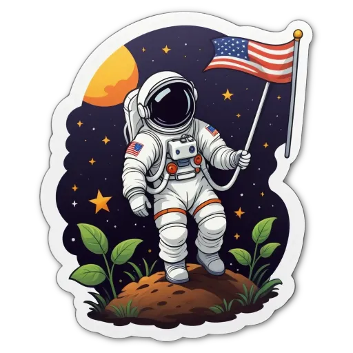 A space man holding a flag on a flag pole.