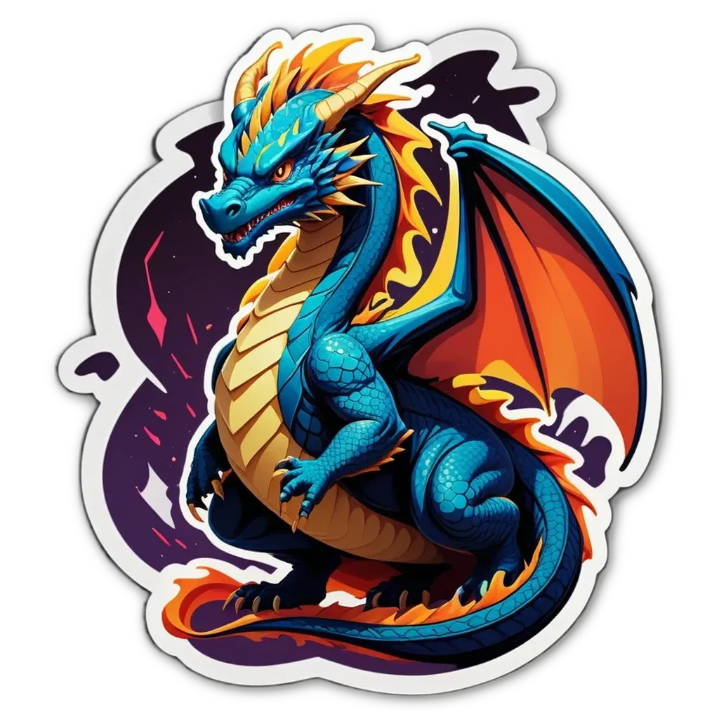 A blue and orange dragon sticker is in front of a black background.