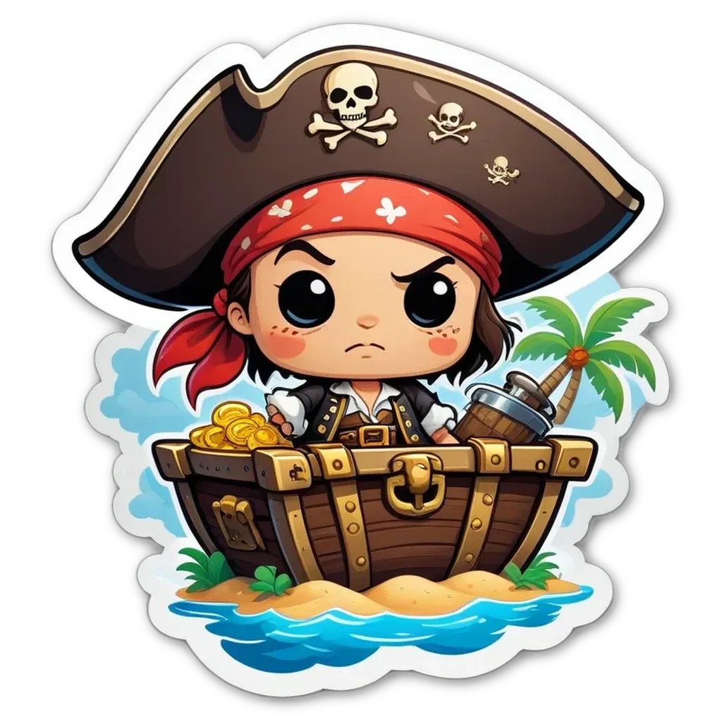 A cartoon of a girl in a pirate's boat with a trunk.