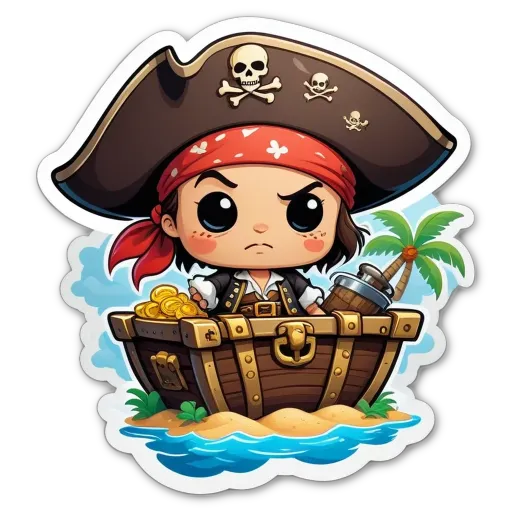 A cartoon of a girl in a pirate's boat with a trunk.