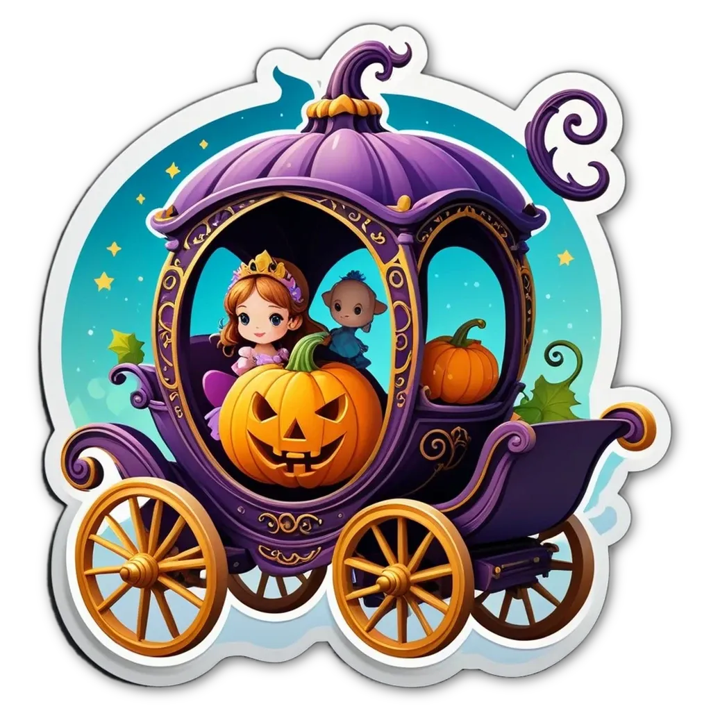A Halloween sticker of a carriage that has a pumpkin in the front.