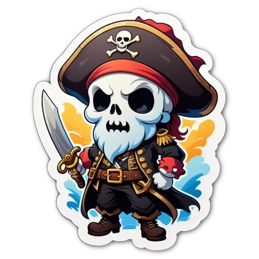 A skull with a pirate hat holding a sword.