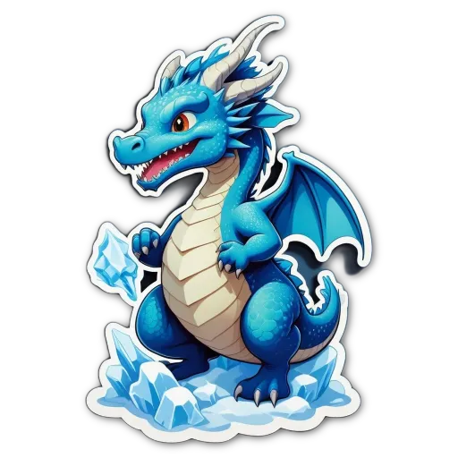 A blue dragon with white legs and a pink tongue holding a diamond.