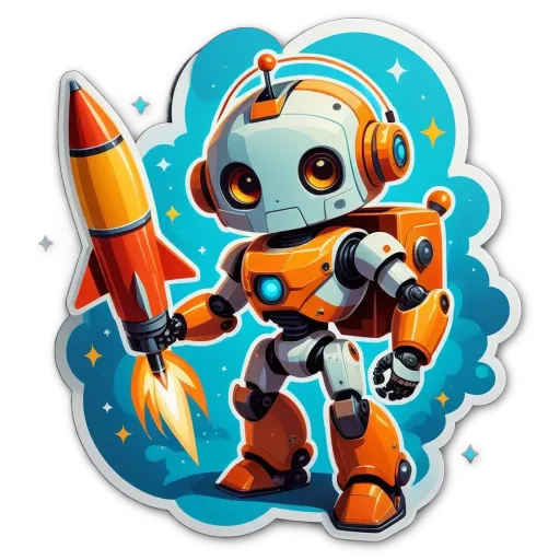 A cartoon robot holding a rocket ship.