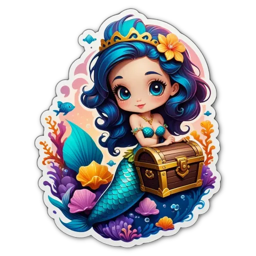 A cartoon image of a girl with a chest on the bottom.