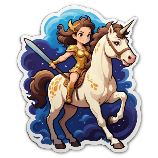 A woman in gold is riding a white unicorn.