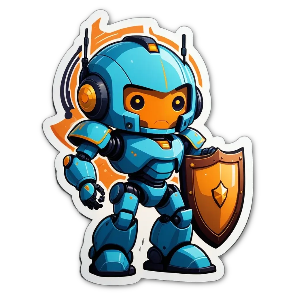 A blue robot with a orange shield holding a blue shield.