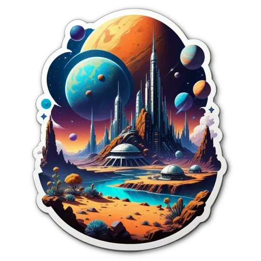 A space scene with earth and other planets and a castle.