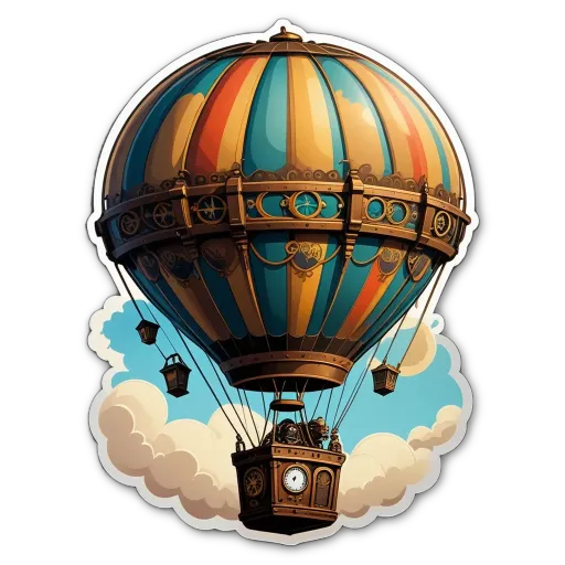 A cartoon depiction of a hot air balloon with a clock in the basket.