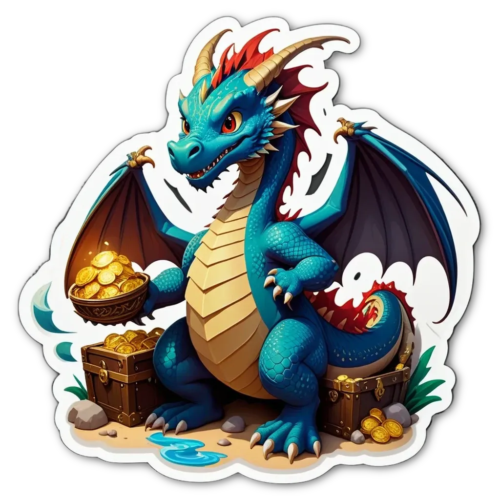 A blue and gold dragon holding gold in a basket.