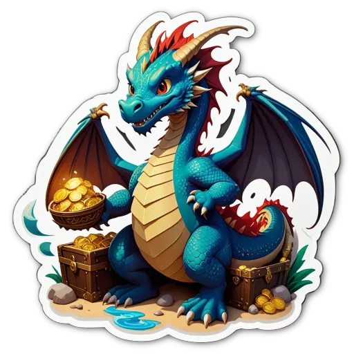A blue and gold dragon holding gold in a basket.