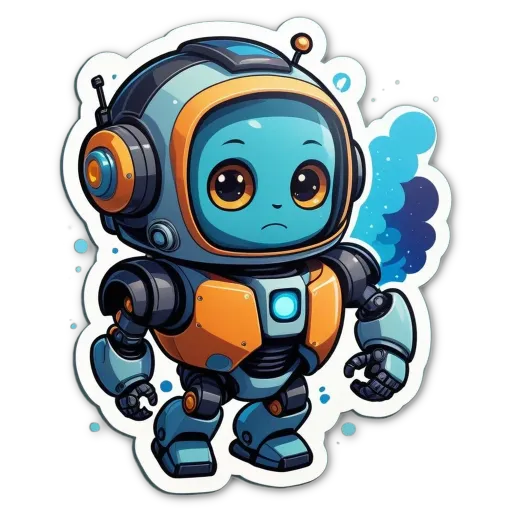 A robot with blue eyes and orange arms.