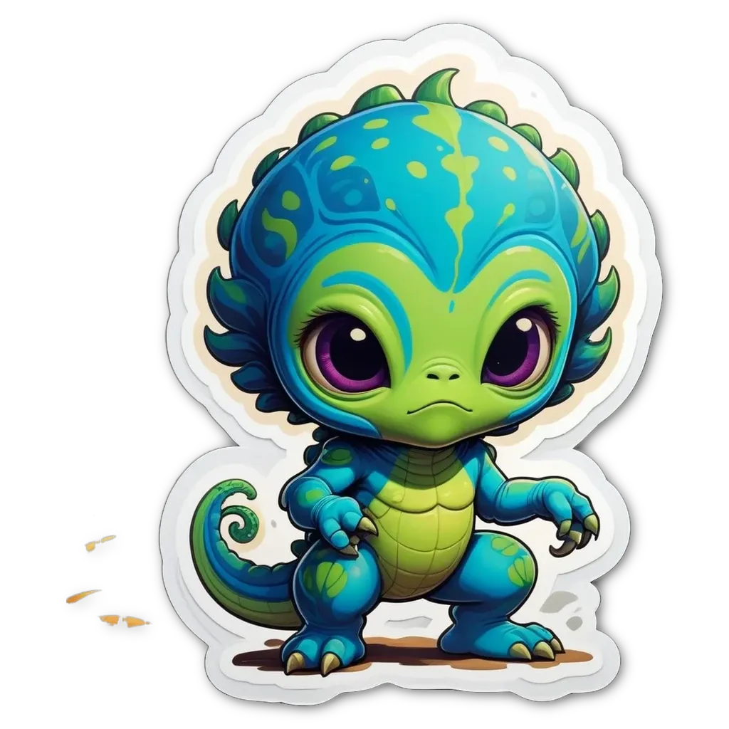 A green and blue cartoon character with big eyes.