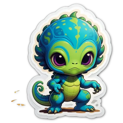 A green and blue cartoon character with big eyes.