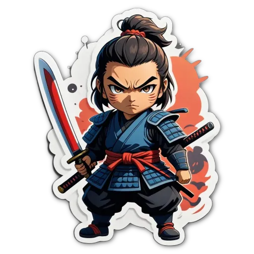 A cartoon depiction of a boy with a sword.