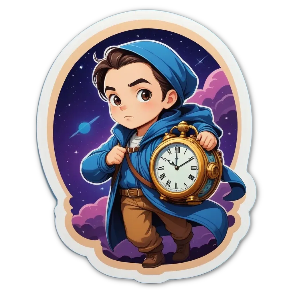 A boy in a blue jacket is holding a clock.