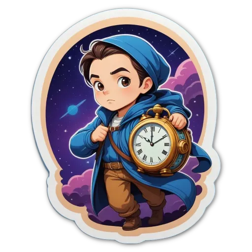 A boy in a blue jacket is holding a clock.