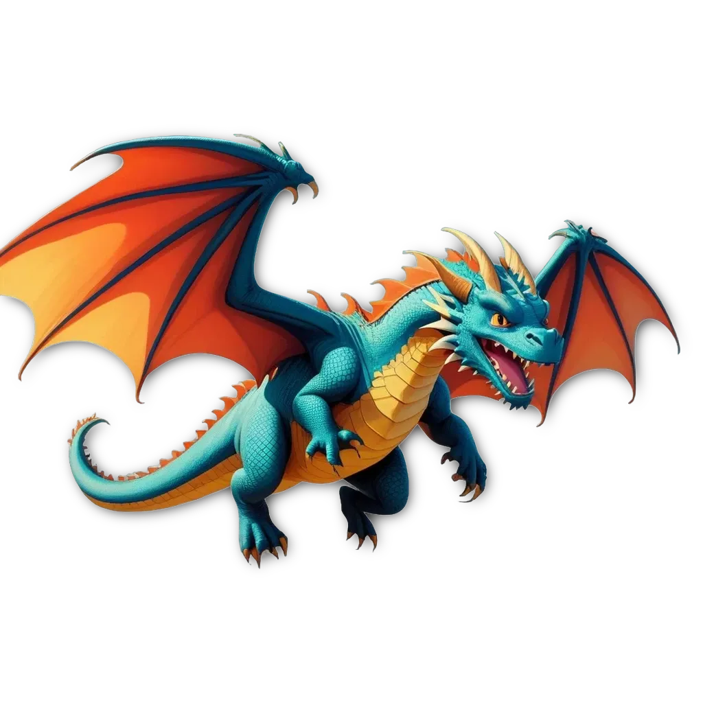 A dragon with orange and blue wings is standing on a black background.