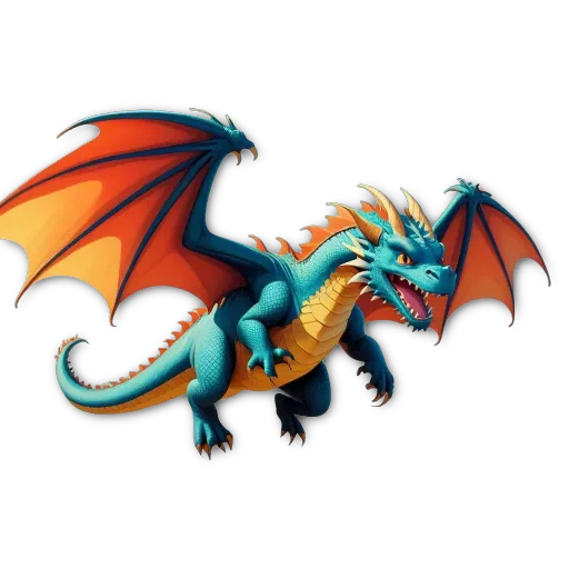 A dragon with orange and blue wings is standing on a black background.