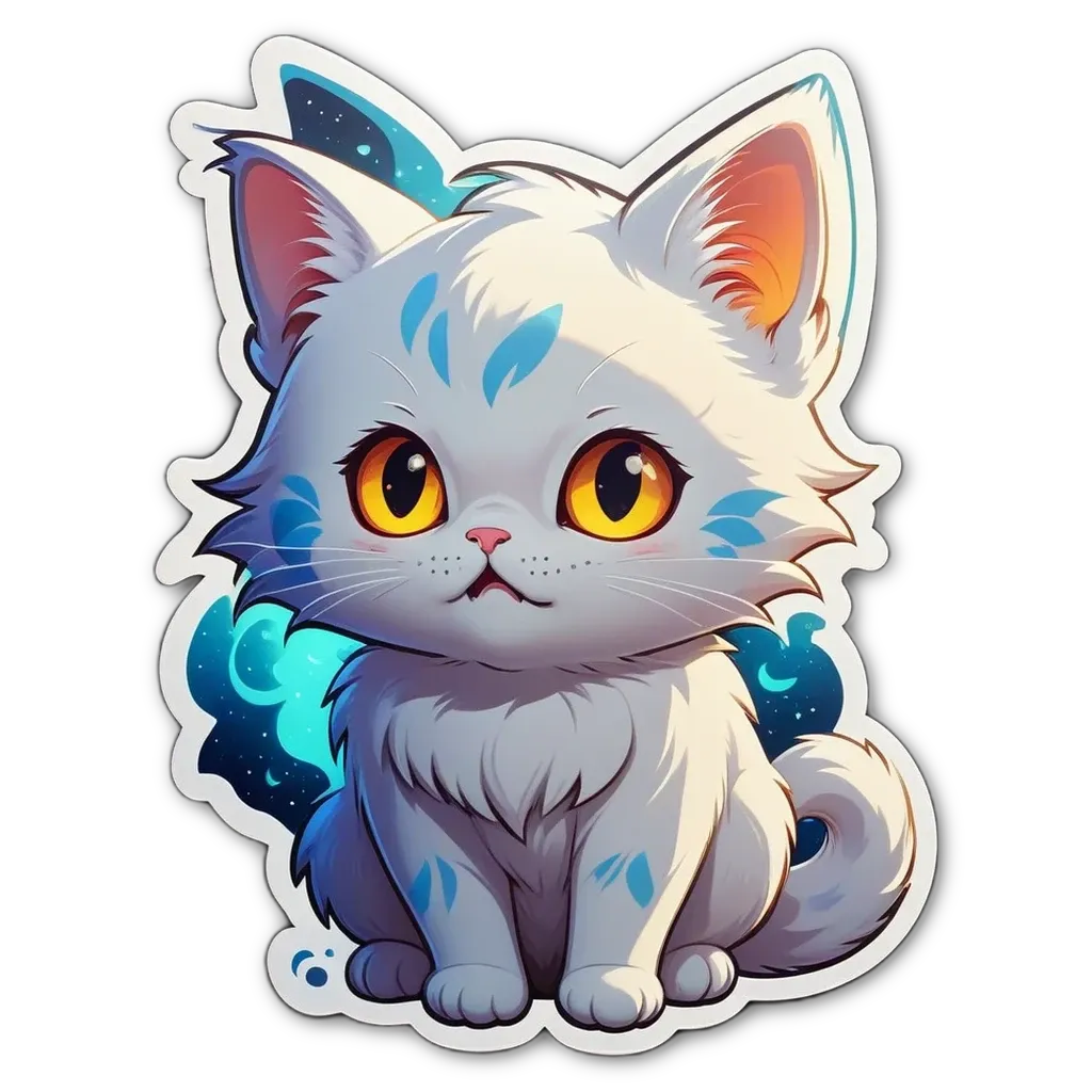 A white cat with blue eyes is sitting on a black background.