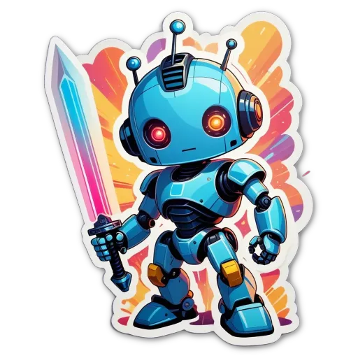 A blue robot holding a sword is in a black background.