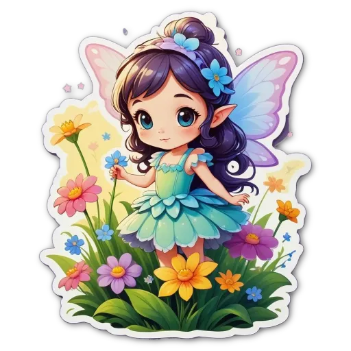 A cartoon image of a fairy in a field of flowers.