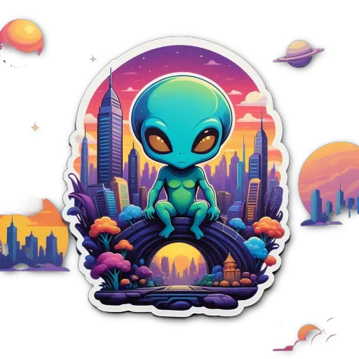 A sticker of an alien planet that is part of a picture of a city.