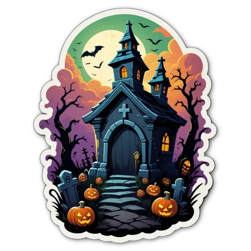 A sticker of a graveyard with pumpkins and a church.