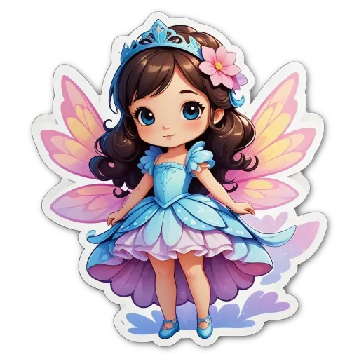 A cartoon picture of a little girl wearing a blue ballerina dress with wings.