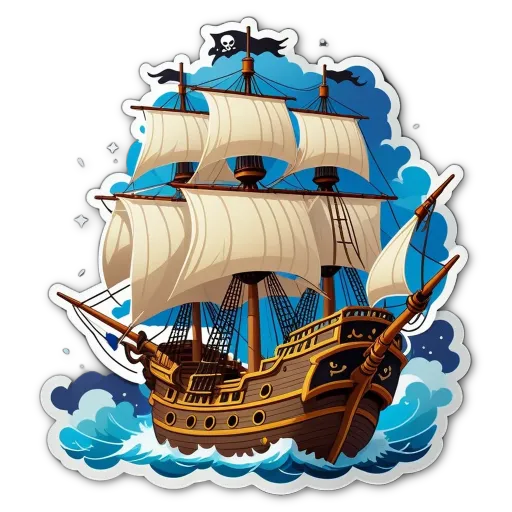 A sticker of a ship with the word pirate ship written on it.