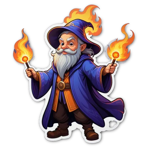 A cartoon drawing of a wizard with two torches.