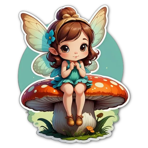 A girl with a mushroom sticker on her that is wearing a blue dress.