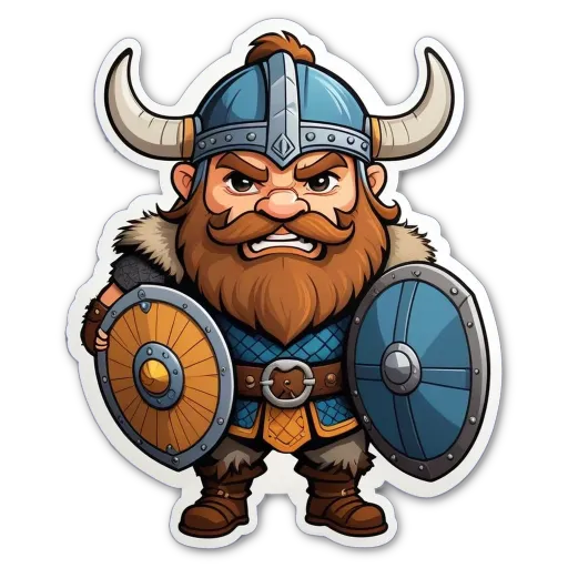 A cartoon drawing of a man with a blue shield and red beard.