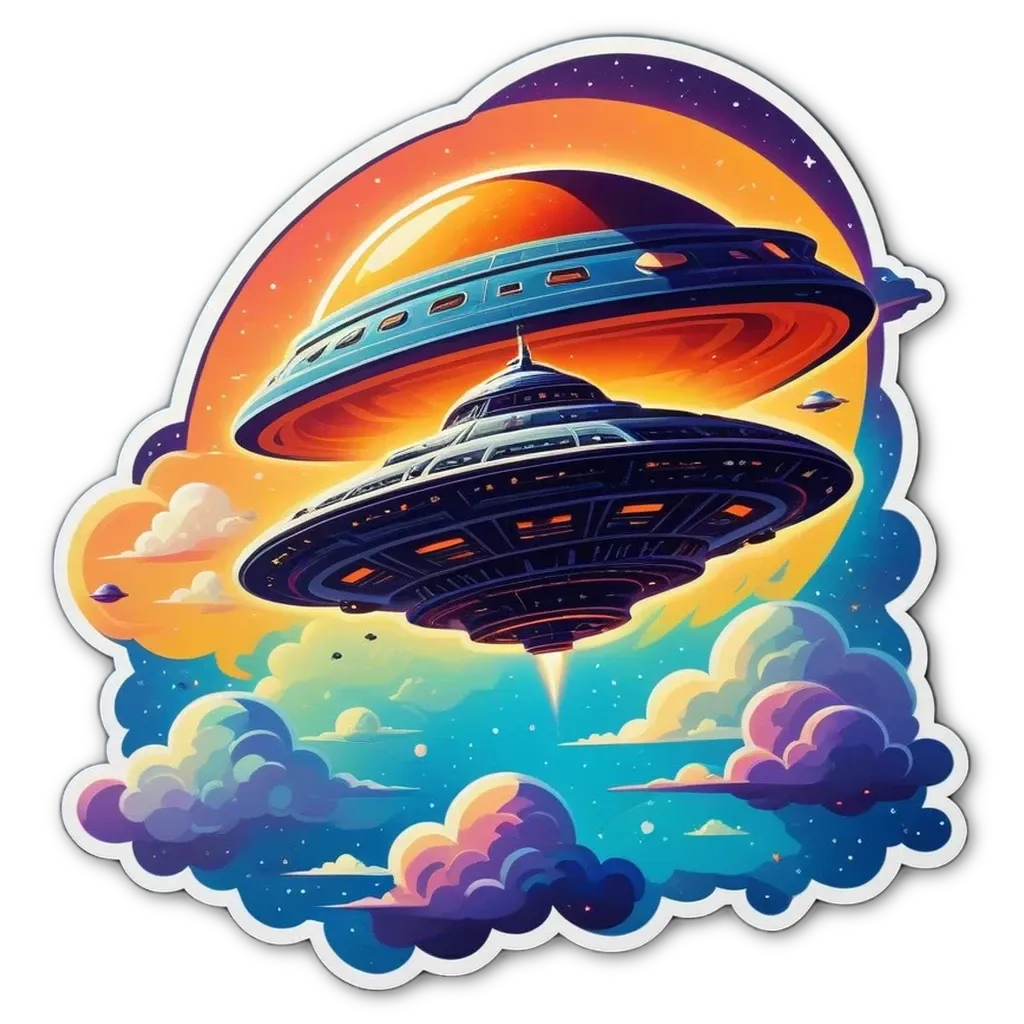 A sticker of an alien ship in the sky.