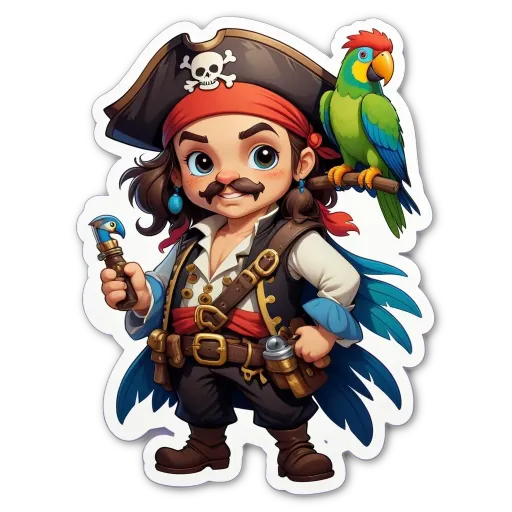 A boy in a pirate costume holding a parrot on a stick.