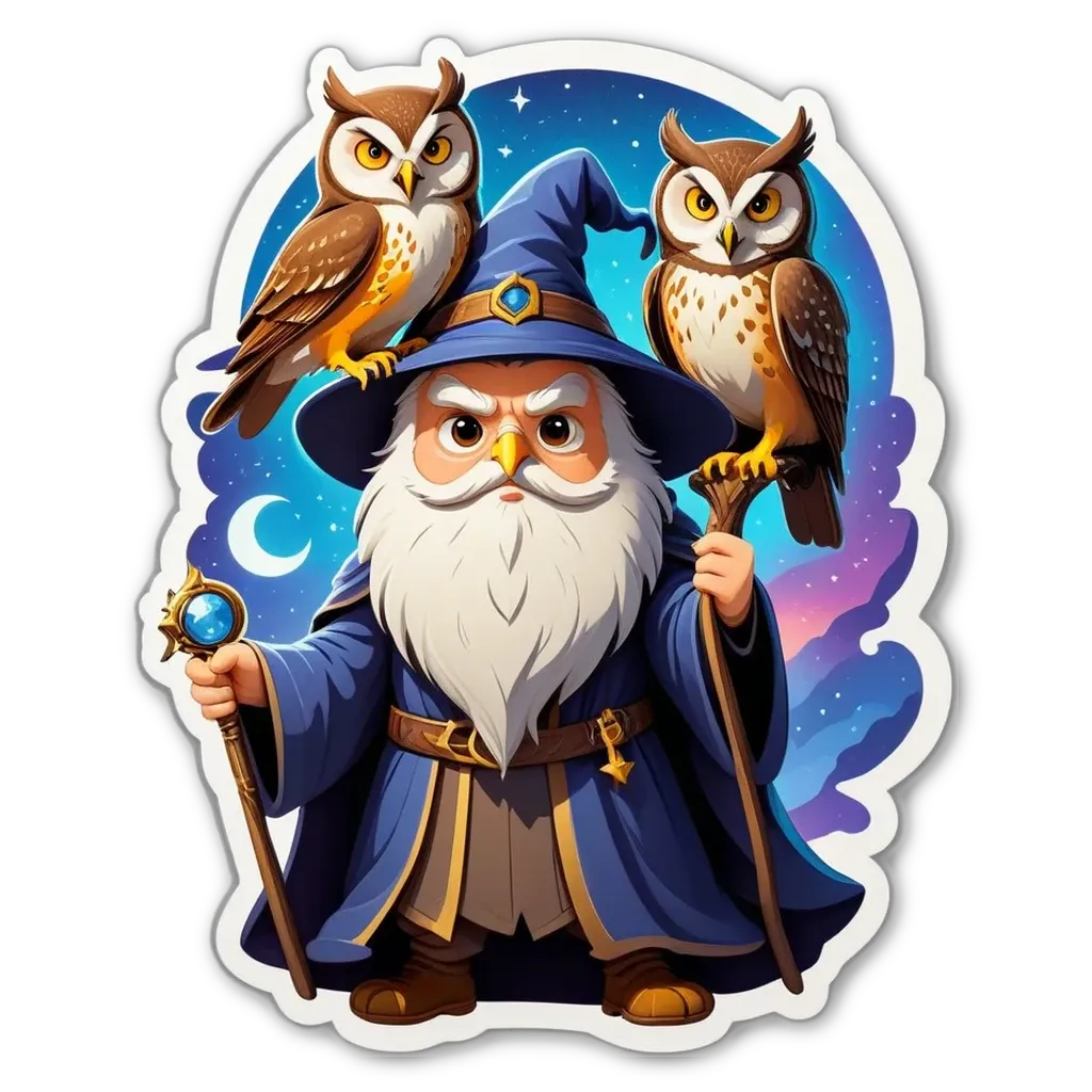 A cartoon drawing of a wizard with two owls standing on either side of him.