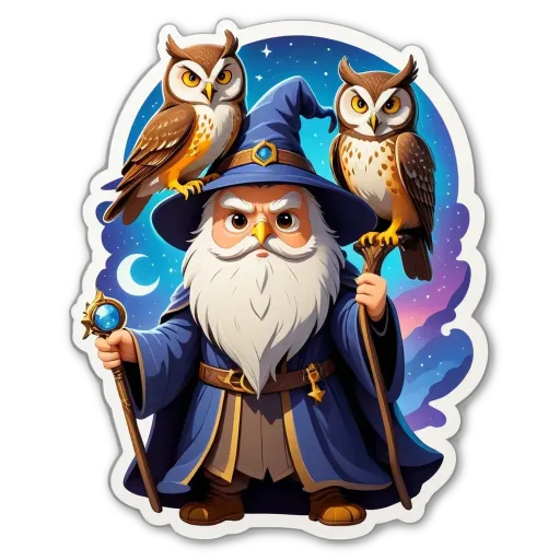 A cartoon drawing of a wizard with two owls standing on either side of him.