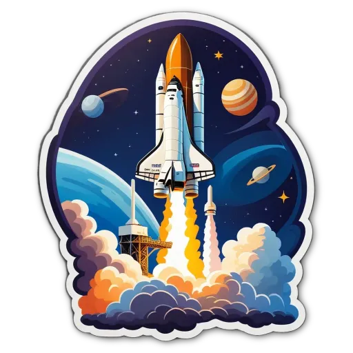 A space shuttle is launching from a space filled with planets.