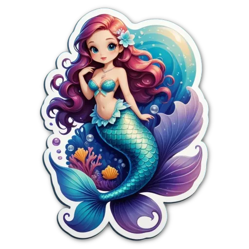 A sticker of a mermaid that is blue and purple.