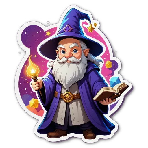 A cartoon drawing of a wizard with a staff and holding a book.