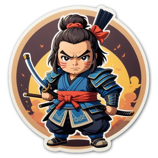 A cartoon picture of a boy with a katana and a warrior pose.