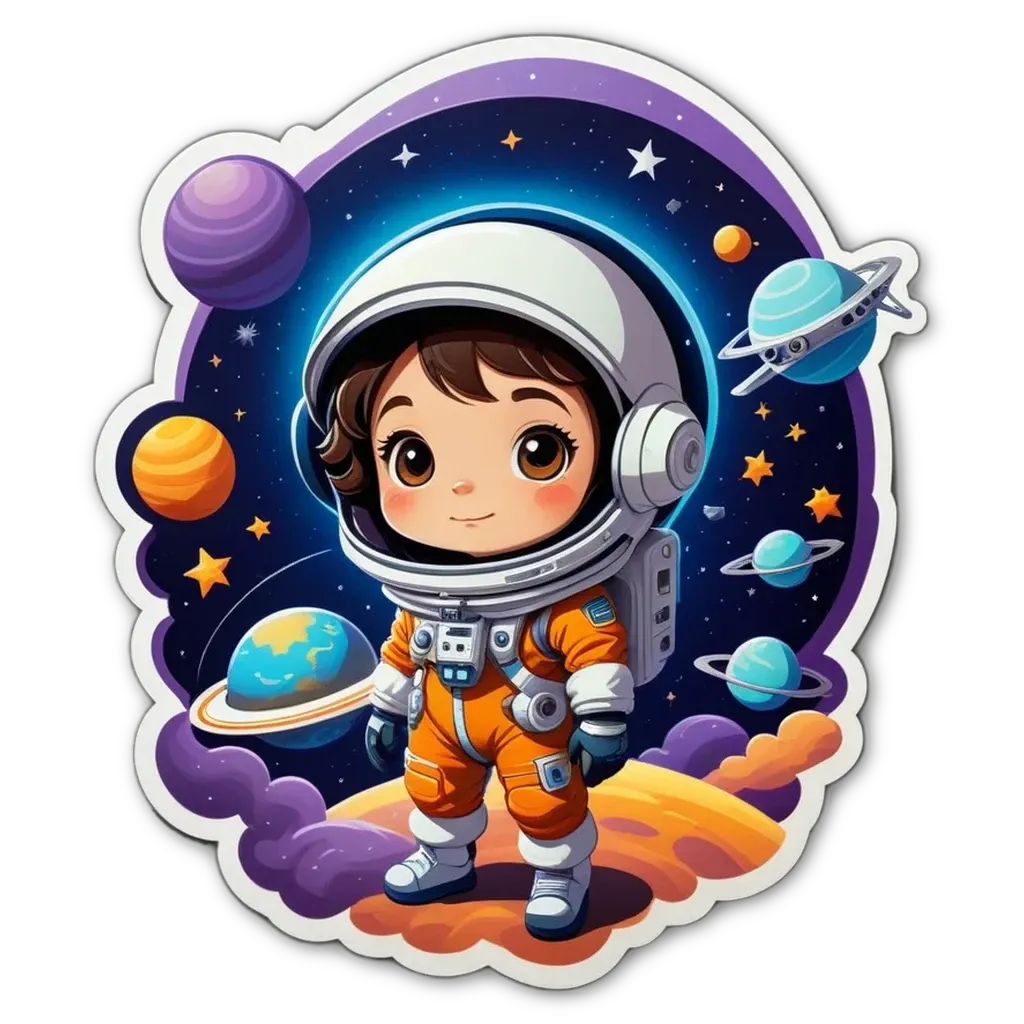 A cartoon depiction of a girl in an orange space suit standing on a planet.