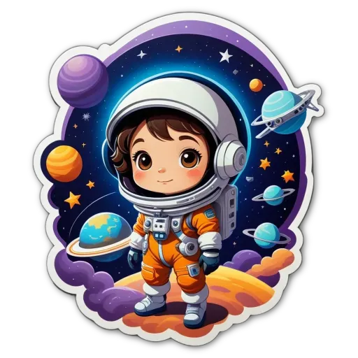 A cartoon depiction of a girl in an orange space suit standing on a planet.