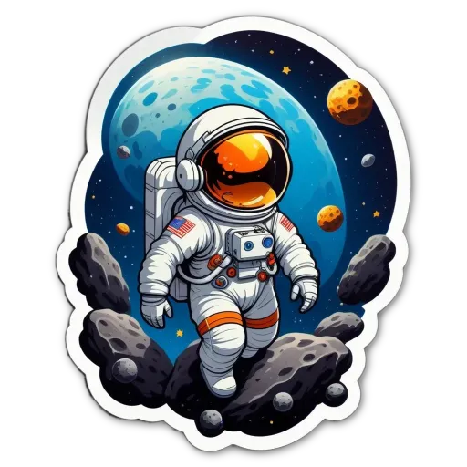 A cartoon depiction of an American space man and the earth.