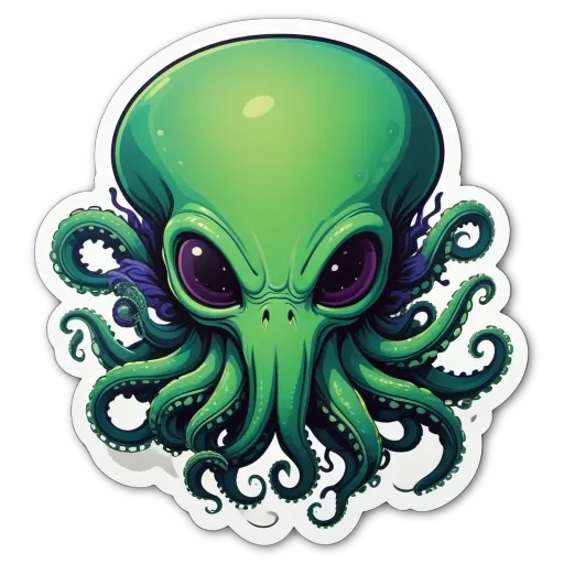 A sticker of a green octopus with scary looking eyes.