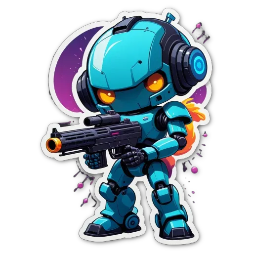 a blue robot with a gun that is on a black background.