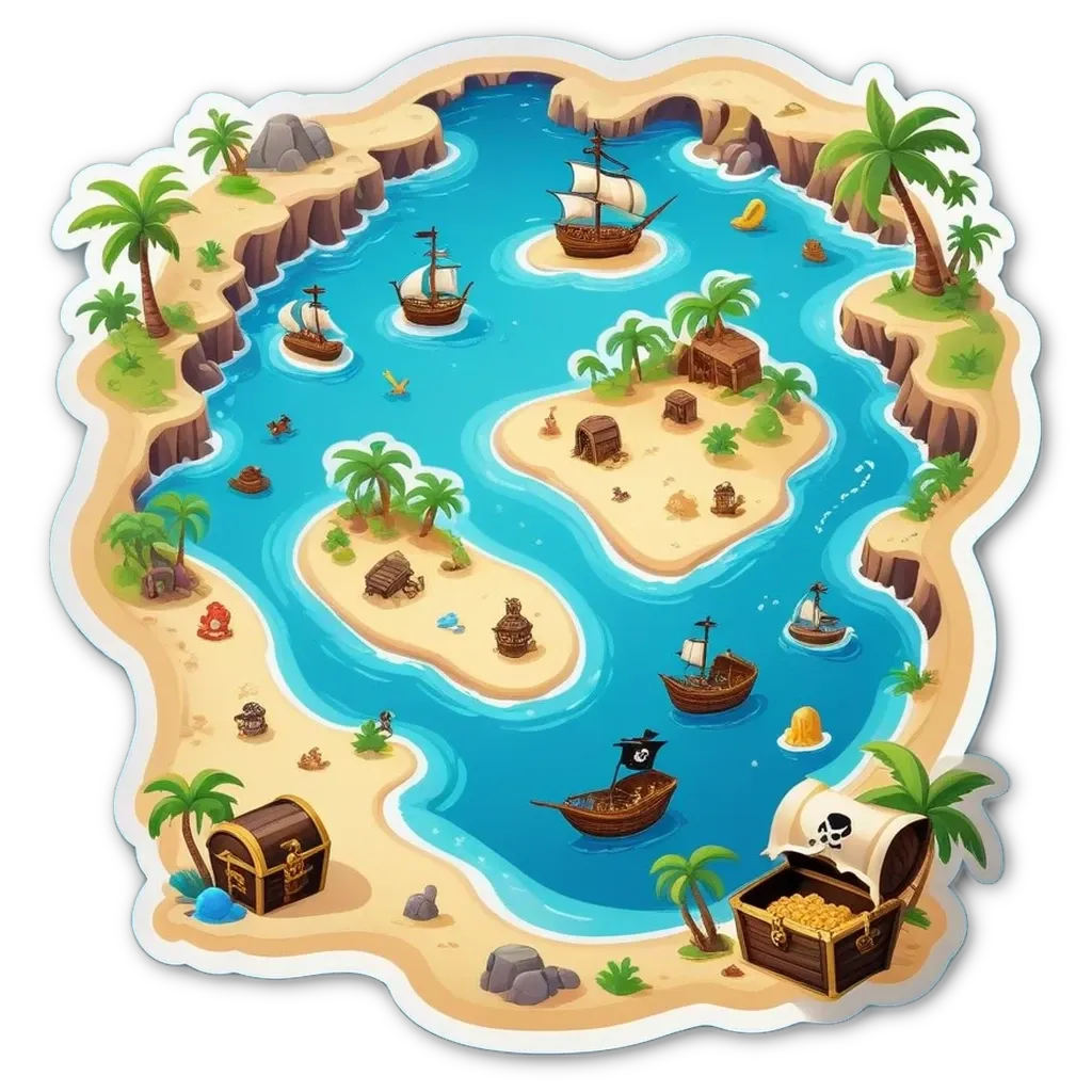 A map of the high seas with pirate ships and deserted islands.