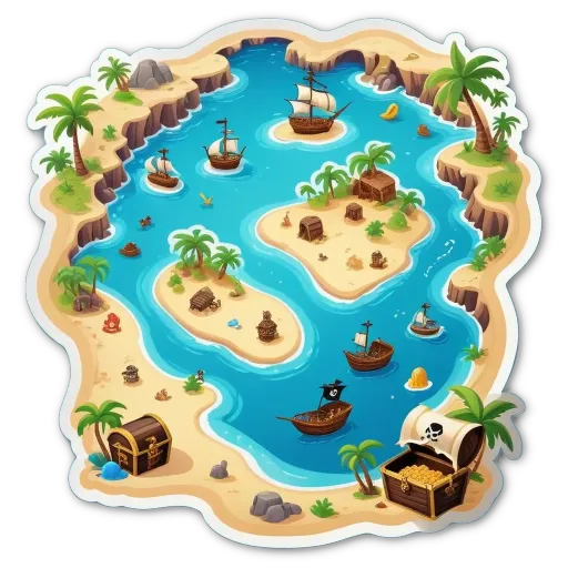 A map of the high seas with pirate ships and deserted islands.