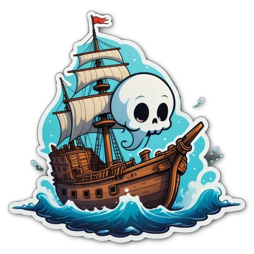 A cartoon image of a ship with a skull in it.