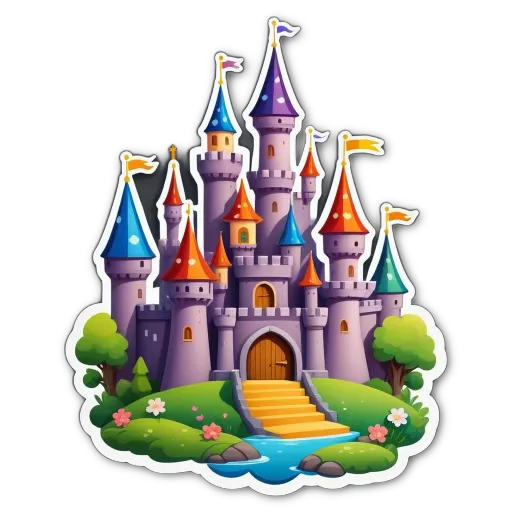 A colorful sticker of a castle on a black background.